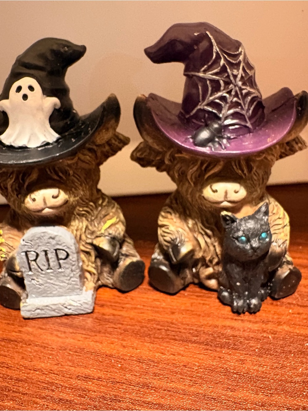 Halloween Highland Cow Figurine with Purple Witch Hat and Black Cat